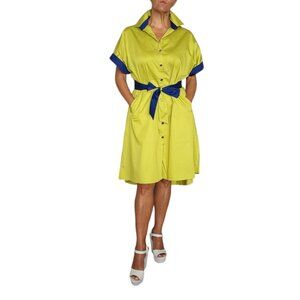 Women's Lime Green Shirt Dress with Blue Contrast Trim With Belt One Size
